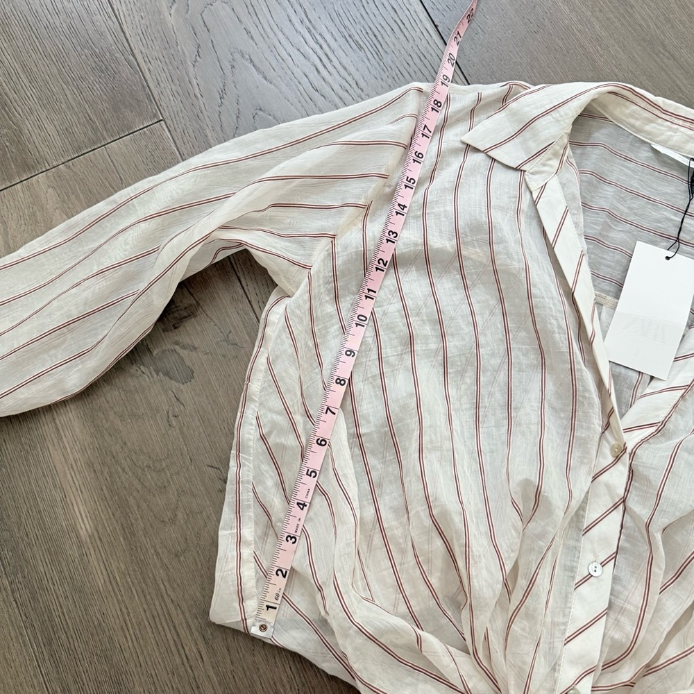 NWT Zara Cream and Red Striped Sheer Top Knotted Hem Medium - Picture 12 of 12
